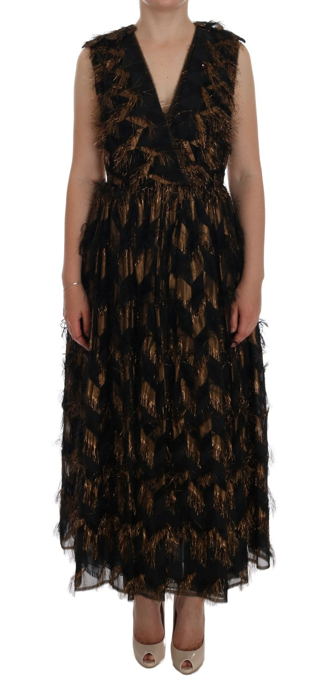 Dolce & Gabbana Black silk dress with brown fringes in A-line